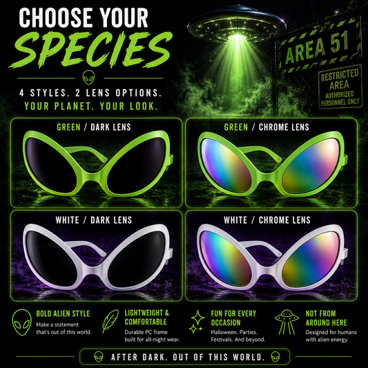 A promotional graphic for novelty cat-eye sunglasses showing four style/color options: green/dark lens, green/chrome lens, white/dark lens, and white/chrome lens. The design includes a UFO, green beam of light, 'Area 51' sign, and marketing text on a dark smoky background.
