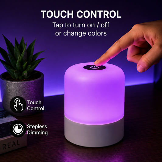 A cylindrical smart lamp with a glowing purple light and a white base sits on a dark tabletop. A human hand is touching the top to demonstrate touch control, with text and icons explaining touch control and stepless dimming.
