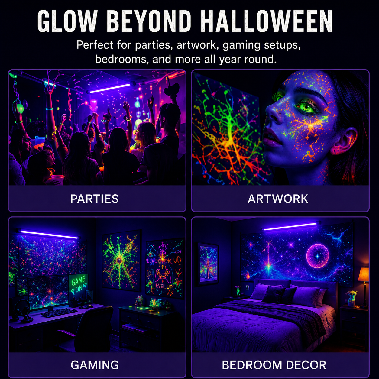 Promotional graphic for a UV blacklight glow-in-the-dark wall art set, showing four lifestyle scenes: a party with colorful neon projections, a close-up of a face with glowing paint-like patterns, a gaming desk setup with colorful wall art, and a bedroom with a galaxy-style wall mural. Text at the top reads 'GLOW BEYOND HALLOWEEN' and labels the sections Parties, Artwork, Gaming, and Bedroom Decor.