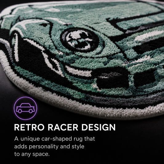 Close-up of a car-shaped rug with a textured tufted design in shades of green, black, and white, with promotional text reading 'RETRO RACER DESIGN' on a dark background.