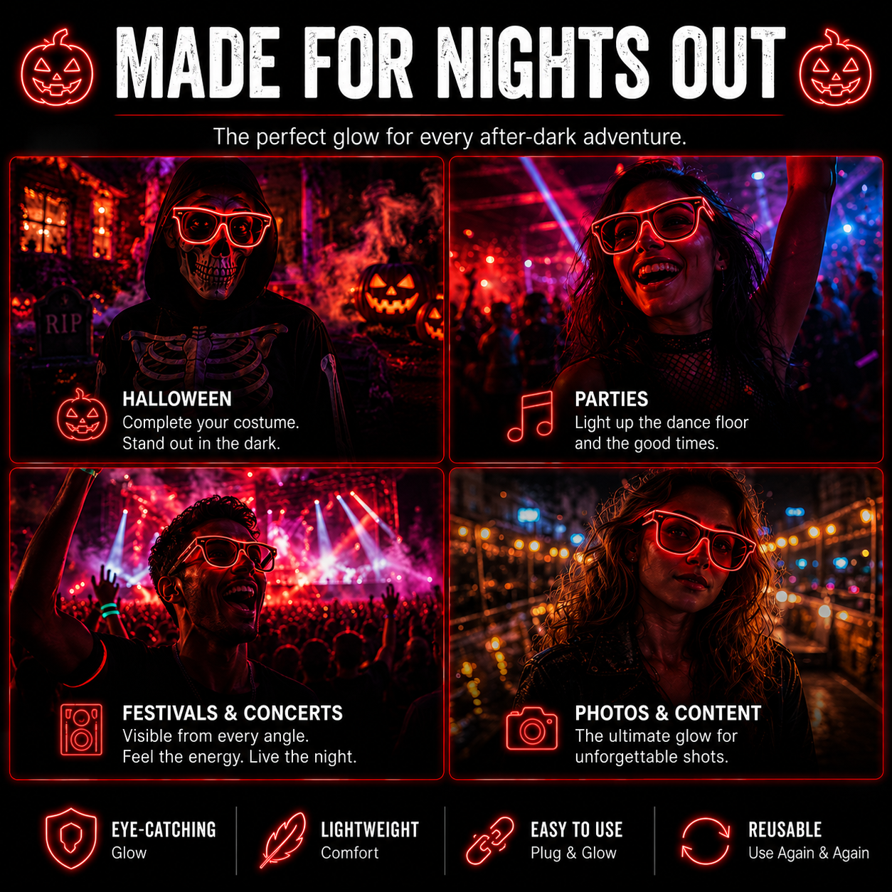 A promotional graphic for glow-in-the-dark sunglasses with the headline 'MADE FOR NIGHTS OUT' and four lifestyle panels showing people wearing them at Halloween, parties, festivals, and photos. The text highlights features like eye-catching glow, lightweight design, easy plug-and-charge use, and reusability.