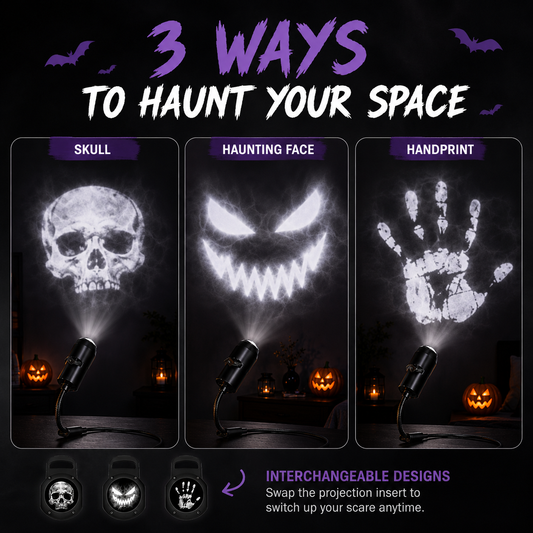 Promotional graphic for a Halloween light projector showing three projection modes: skull, haunting face, and handprint. The image features three vertical panels with black projector lamps casting glowing white ghostly designs onto a dark background with pumpkins.