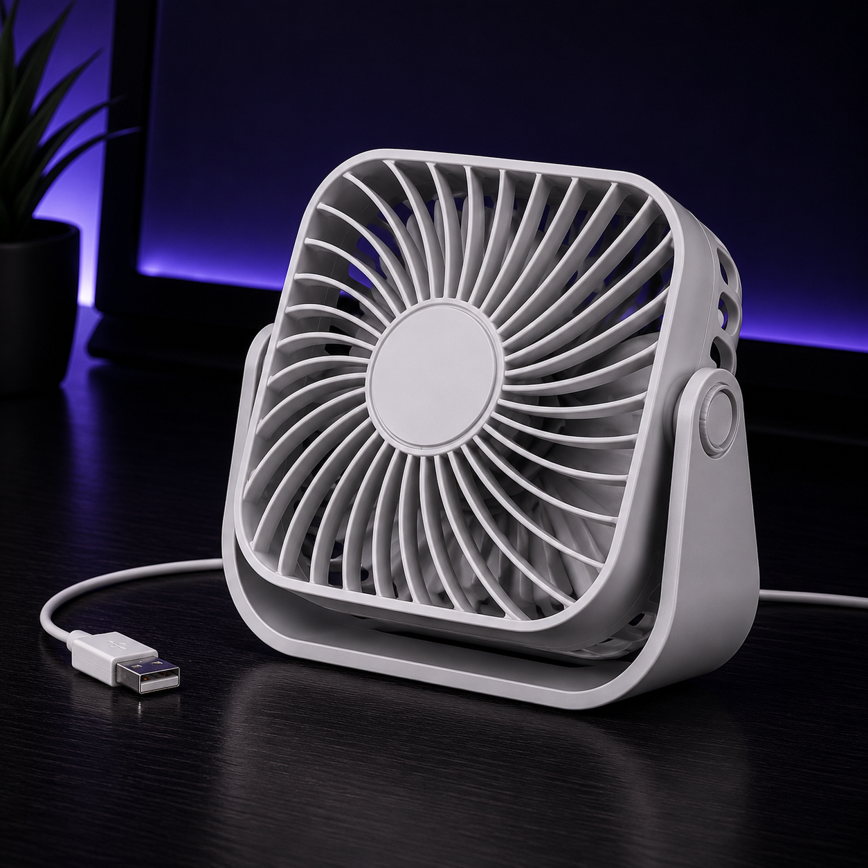 A compact white portable fan with a USB charging cable, shown on a dark wooden desk with a blurred background featuring purple ambient lighting.