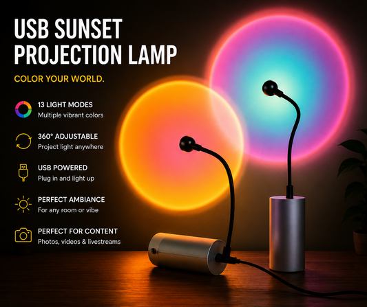 USB sunset projection lamp on a dark background with glowing orange, pink, and blue circular light projections. The lamp has a cylindrical base, flexible gooseneck arm, and visible power cable.