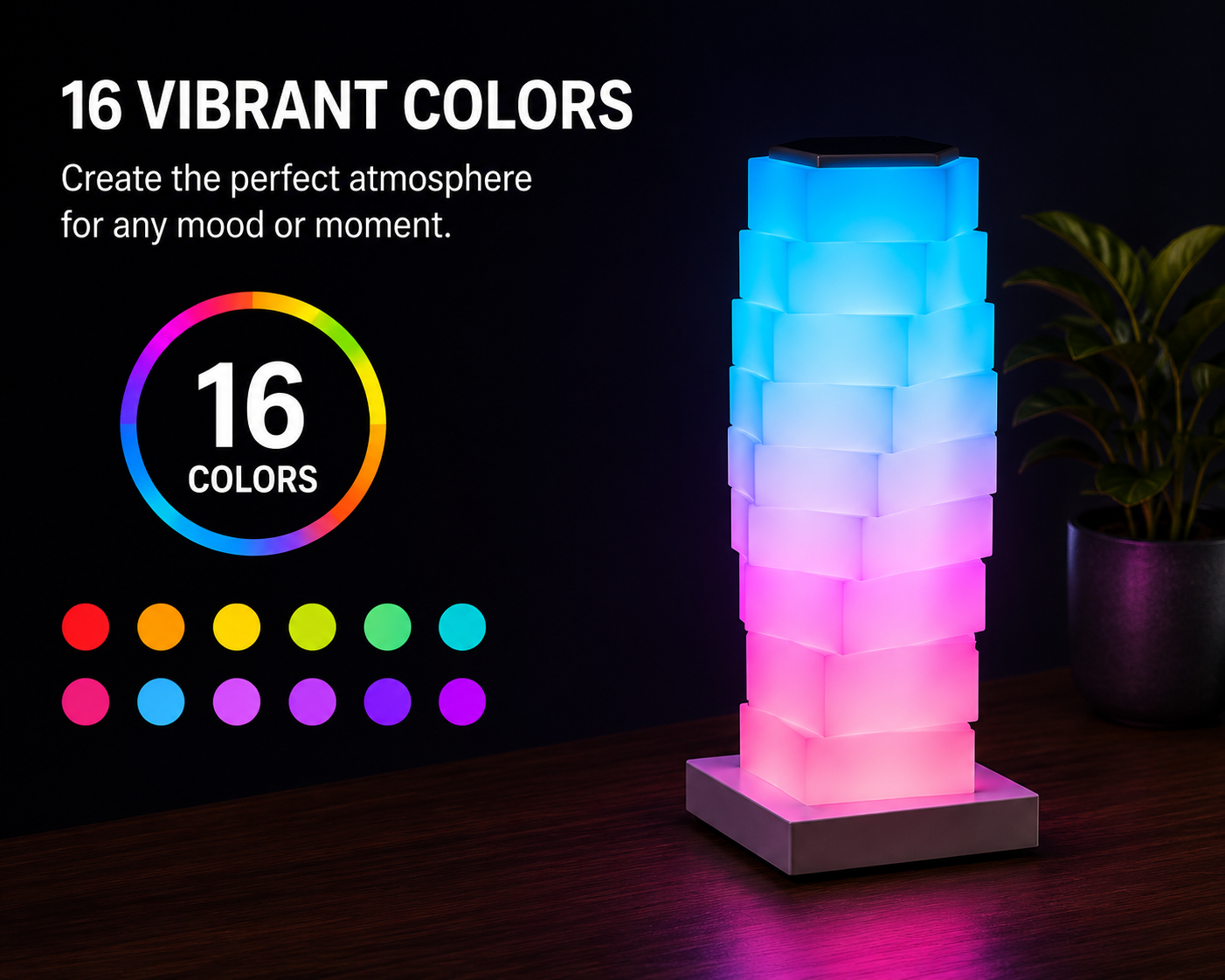 A modern tower-shaped LED light lamp made of stacked square blocks, glowing with a blue-to-pink gradient on a dark surface. Text on the left reads '16 VIBRANT COLORS' with a rainbow circle and color dots, and a potted plant sits on the right against a dark background.