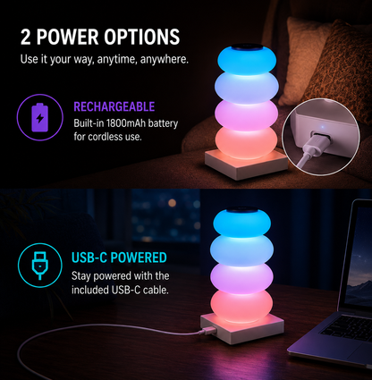 A 5-tier LED stackable night light with glowing pastel blue, pink, and purple lights on a white rectangular base, shown in two lifestyle settings: on a bed next to a pillow, and on a wooden desk next to a laptop. The image includes text overlays highlighting features: '2 POWER OPTIONS', 'RECHARGEABLE Built-in 1800mAh battery for cordless use.