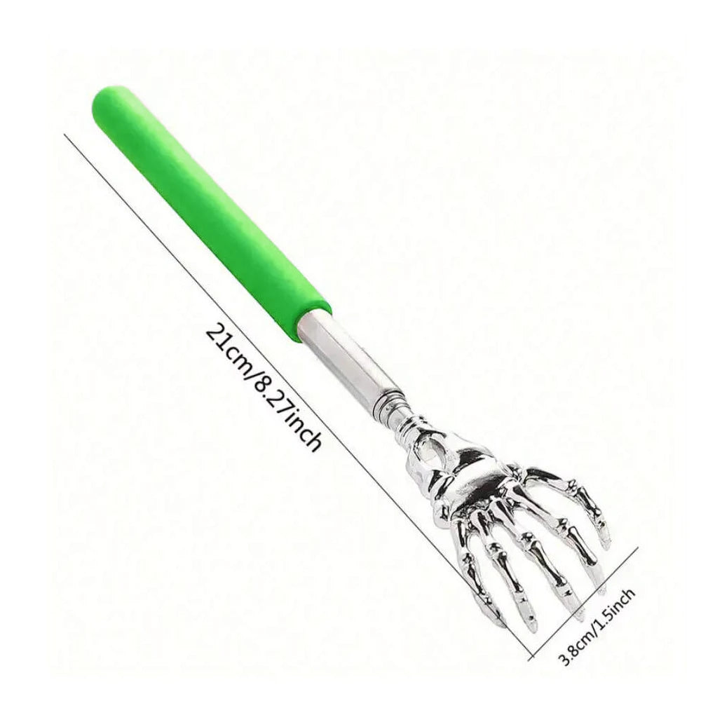 Metal back scratcher with green handle on a white background