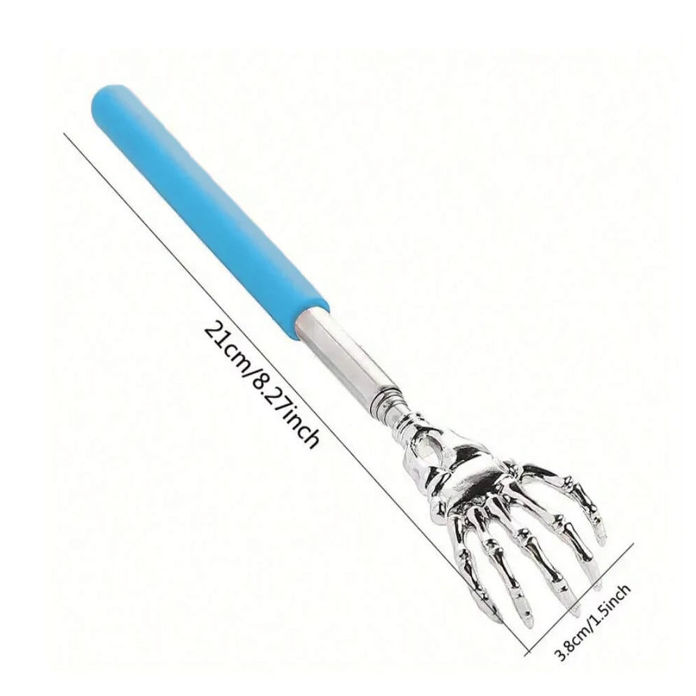 Metal back scratcher with skeleton design and blue handle on a white background