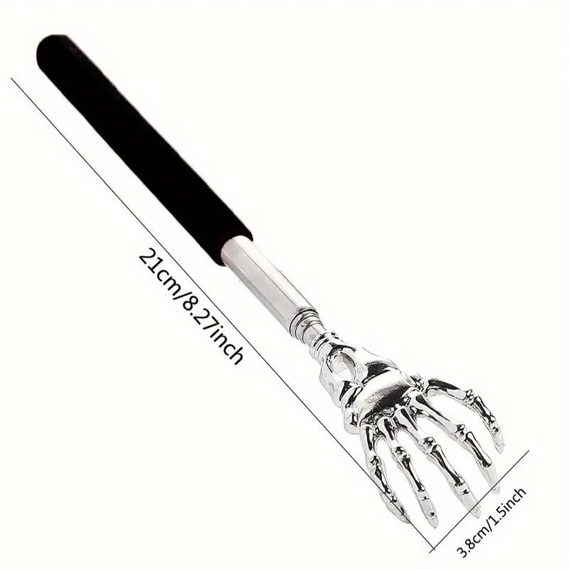 Metallic skeleton hand tool with black handle on a white background