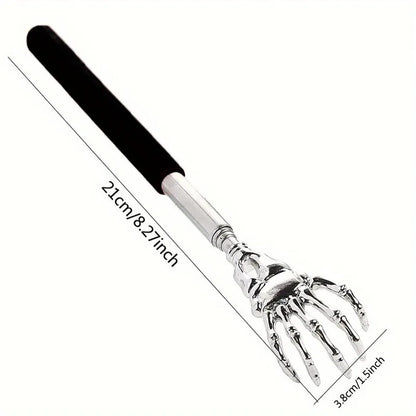 Metallic skeleton hand tool with black handle on a white background