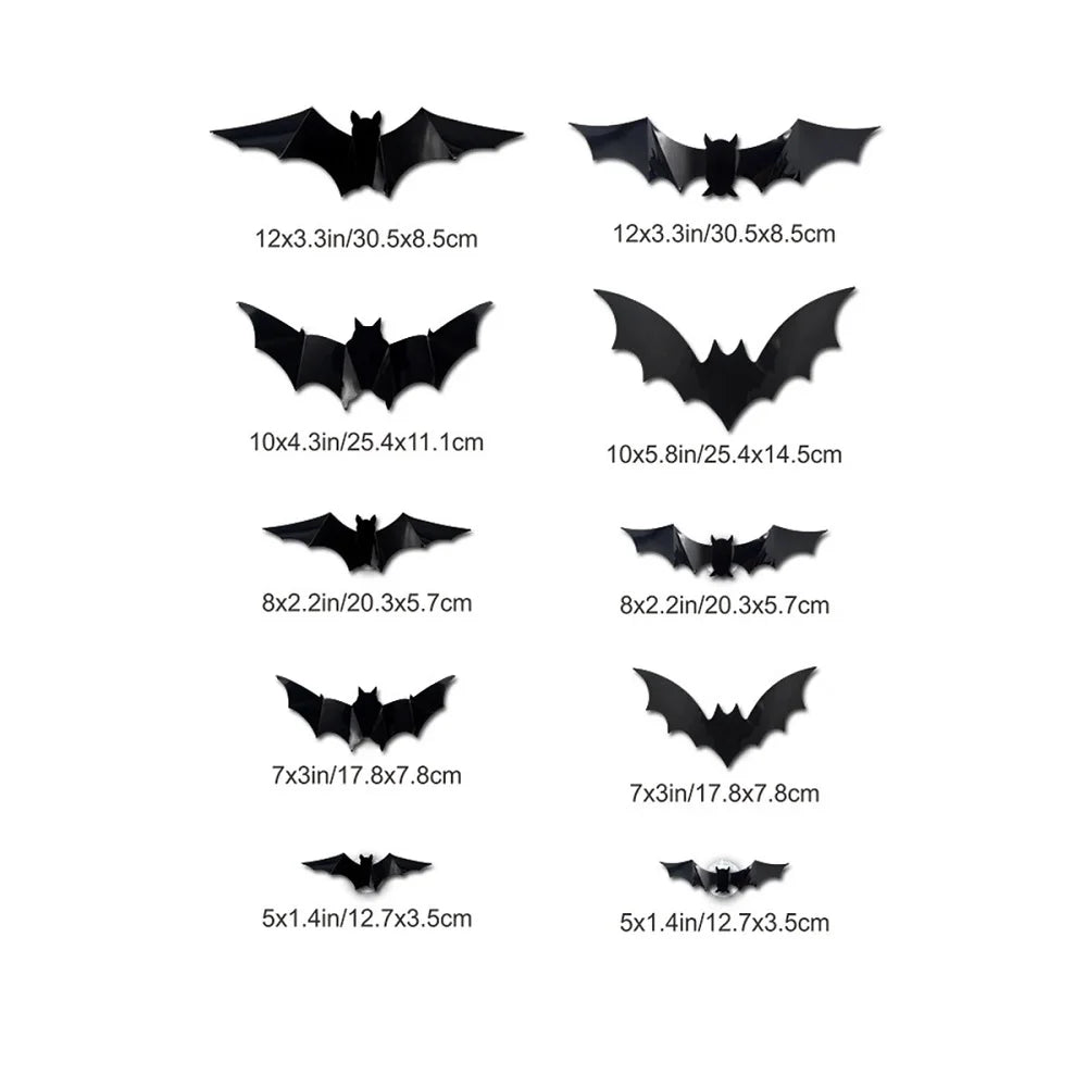 Set of black bat-shaped decorations with measurements on a white background