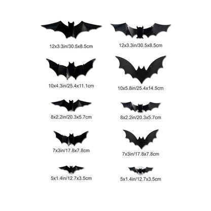 Set of black bat-shaped decorations with measurements on a white background