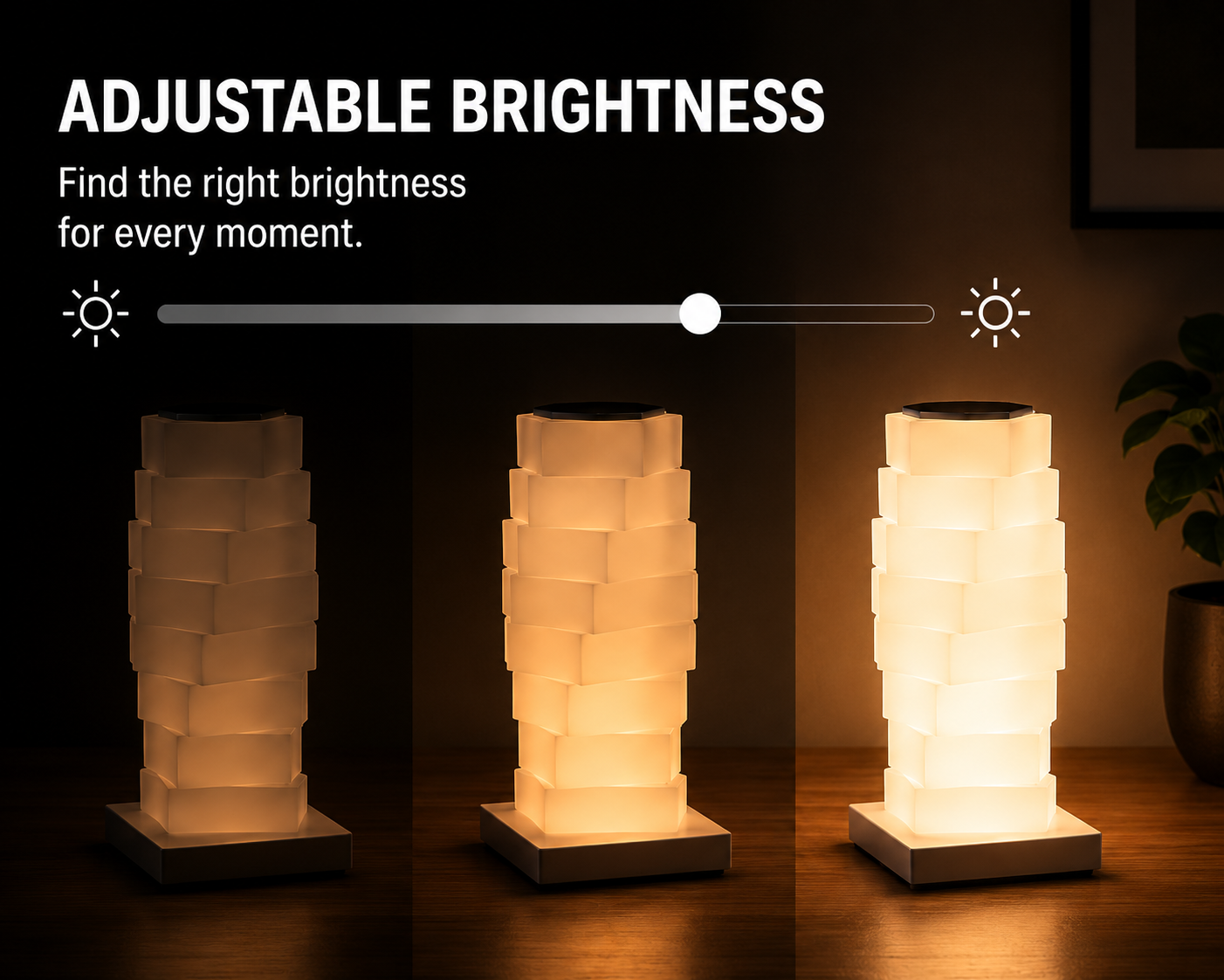 A three-light dimmer comparison showing the same table lamp in three brightness settings: dark, medium, and bright. The image includes the text 'ADJUSTABLE BRIGHTNESS' and a slider graphic at the top, set against a dark background with a wooden floor and a plant on the right.
