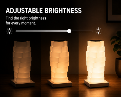 A three-light dimmer comparison showing the same table lamp in three brightness settings: dark, medium, and bright. The image includes the text 'ADJUSTABLE BRIGHTNESS' and a slider graphic at the top, set against a dark background with a wooden floor and a plant on the right.