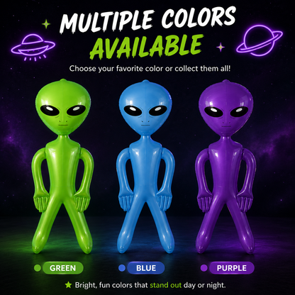 Three inflatable alien figures in green, blue, and purple are shown against a dark space background with the text 'MULTIPLE COLORS AVAILABLE' and color labels below each figure.