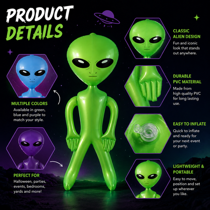 An inflatable alien party decoration shown on a dark space-themed background with text callouts reading Product Details, including multiple color options, durable PVC material, easy inflation, and lightweight portability.