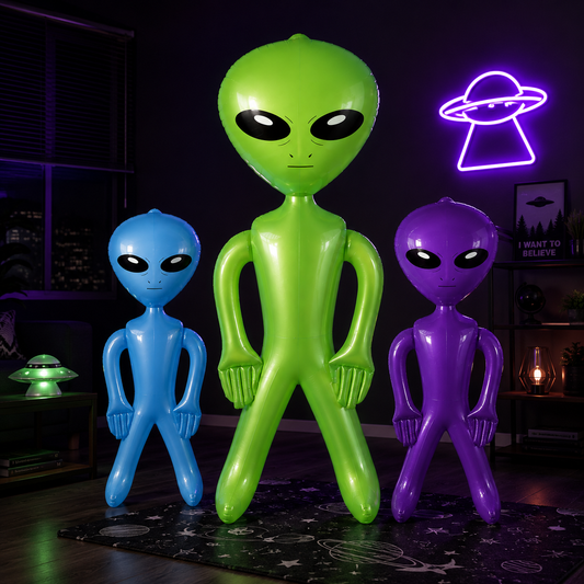 Three inflatable alien figures in blue, green, and purple stand on a dark patterned rug in a dimly lit room. A neon UFO sign glows on the wall in the background.