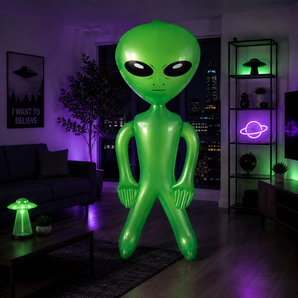 A large inflatable alien figure in bright green stands in a modern living room at night, with purple and green ambient lighting, a couch, shelves, and a city skyline visible through the windows.