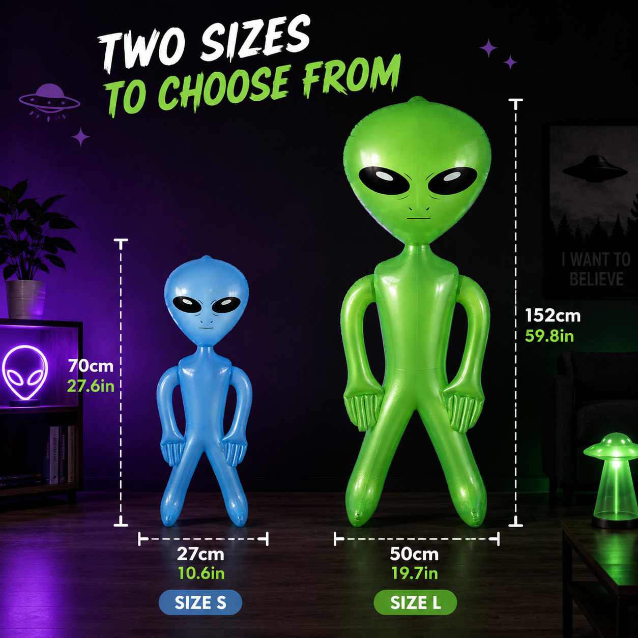 Two inflatable alien figures shown in a dim room with size callouts: a small blue alien labeled Size S at 70cm tall and 27cm wide, and a larger green alien labeled Size L at 152cm tall and 50cm wide. Text at the top says two sizes to choose from.