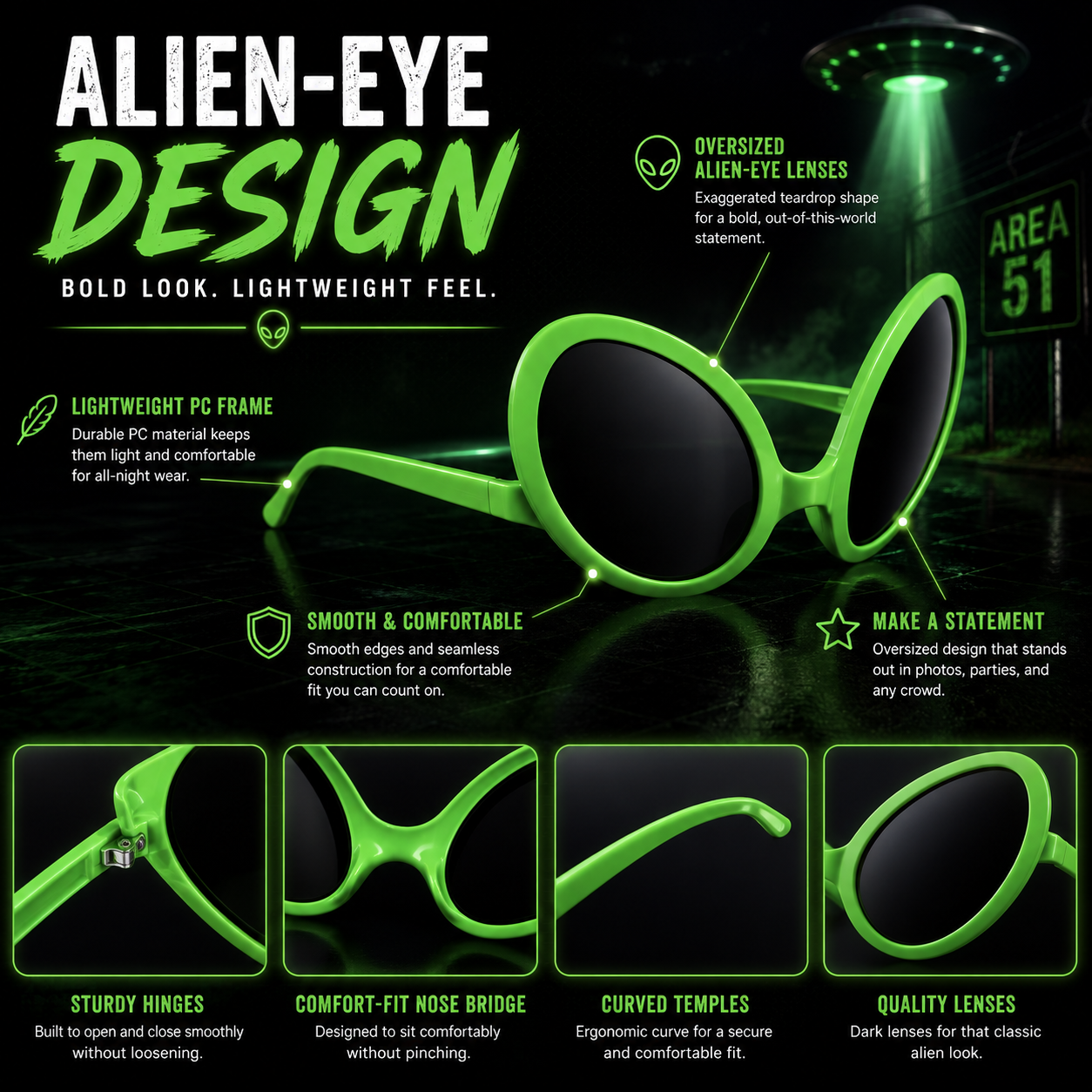 Promotional graphic for green 'Alien-Eye' sunglasses with dark lenses, featuring product callouts, feature icons, and four detail panels on a dark green and black background.