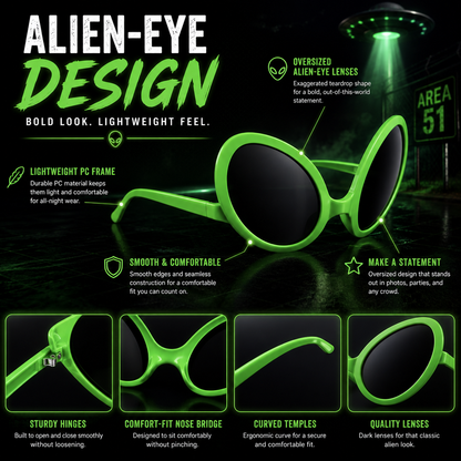 Promotional graphic for green 'Alien-Eye' sunglasses with dark lenses, featuring product callouts, feature icons, and four detail panels on a dark green and black background.