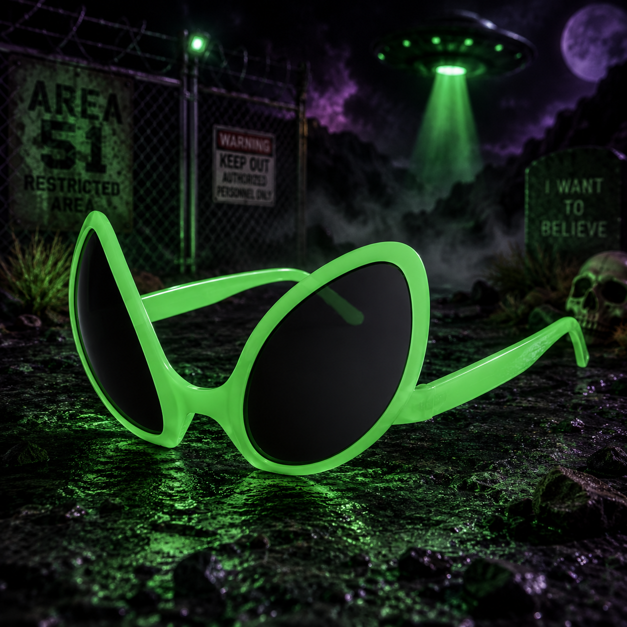 Bright neon green retro cat-eye sunglasses with black lenses, displayed in a spooky outdoor-themed setting with a UFO, green beam, fence, skull, and tombstone.