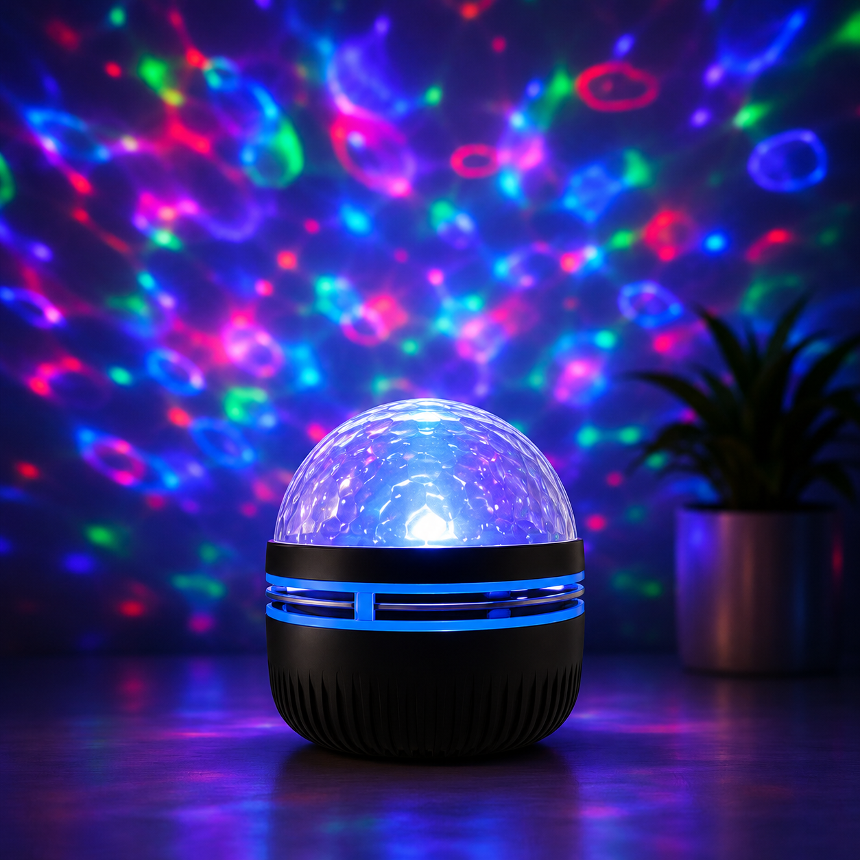 A small black portable disco ball lamp with a glowing blue and purple illuminated dome, placed on a dark surface with colorful light projections on a wall and a potted plant in the background.