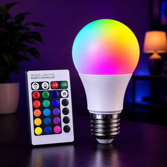 A smart RGB LED light bulb glowing with multicolor light next to its remote controller, set on a dark wooden table with a cozy, dimly lit room in the background.