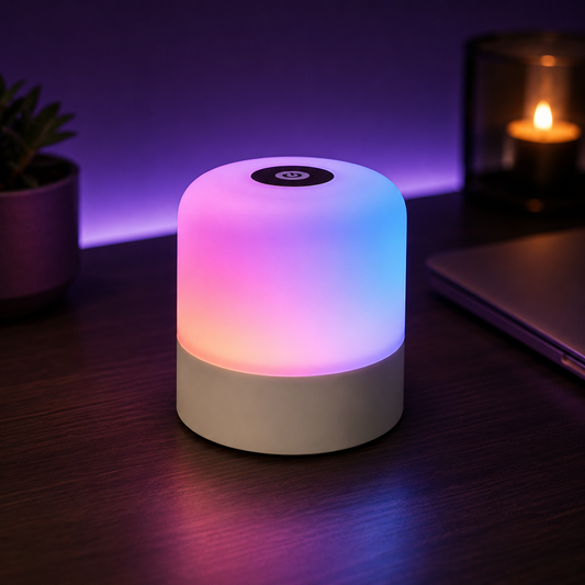 A small cylindrical smart lamp with a glowing multicolor LED light on a dark wooden desk, with a blurred background showing a lit candle and a laptop.