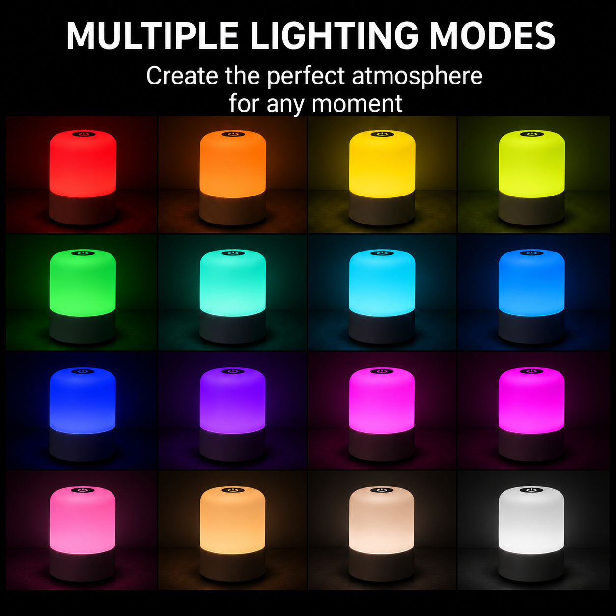A 4x4 grid showing a smart cylindrical night light in 16 different color modes, with a black header at the top reading 'MULTIPLE LIGHTING MODES Create the perfect atmosphere for any moment'.