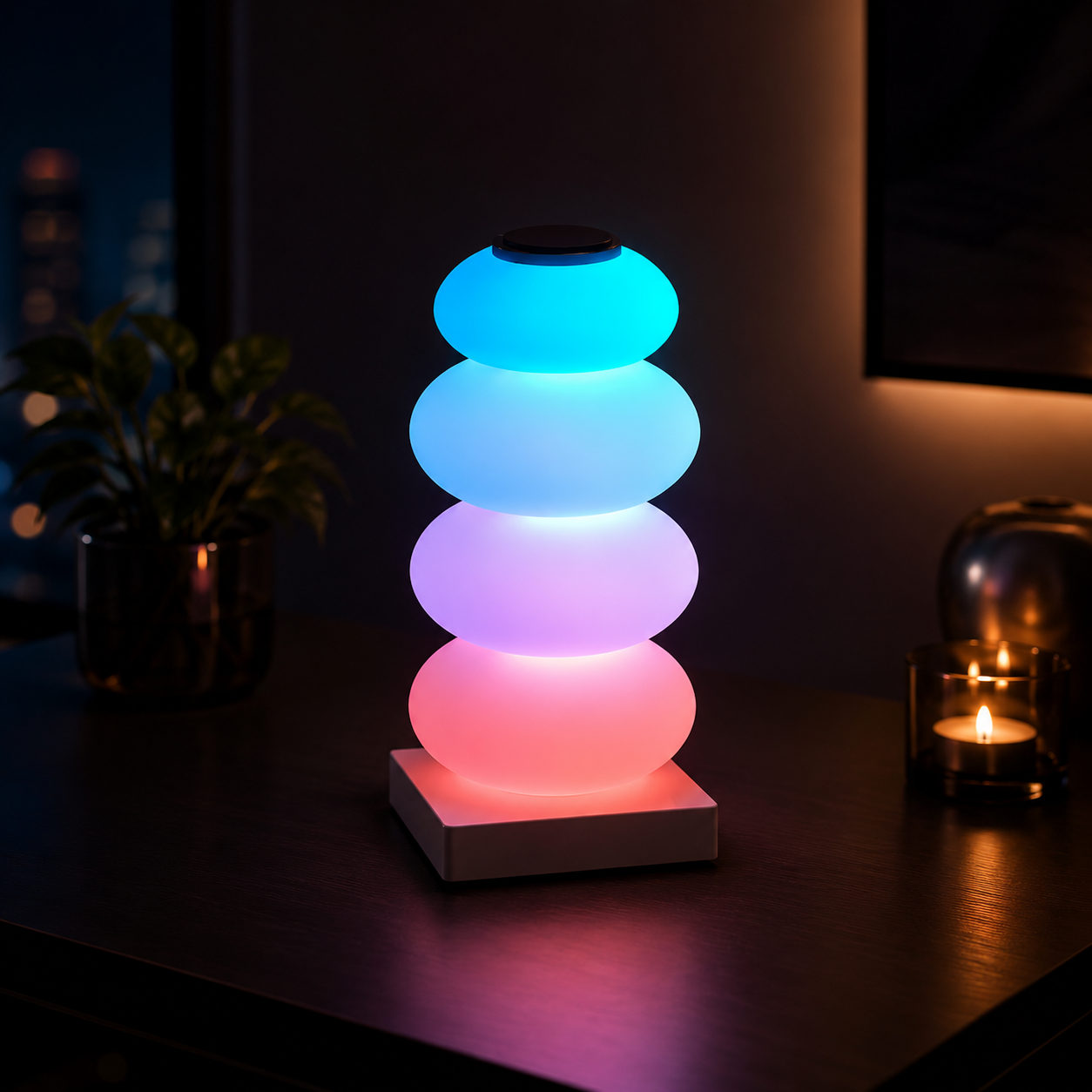 A modern LED stackable lamp with four glowing oval light spheres in blue, white, pink, and red, resting on a white rectangular base on a dark wooden table.