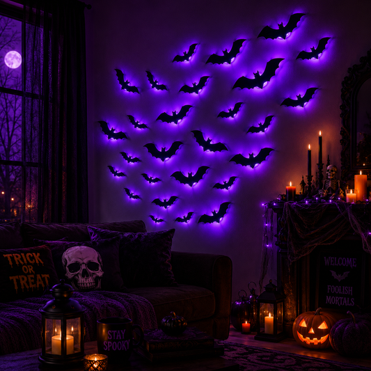 Halloween wall decor featuring a set of glowing purple LED bat wall lights mounted on a wall in a decorated living room with candles, pumpkins, and spooky pillows.