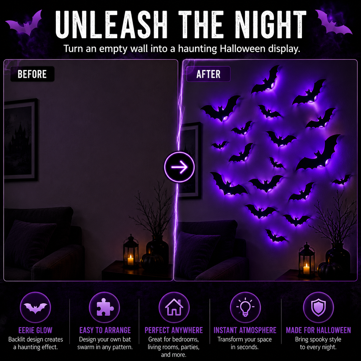 Halloween wall decal set featuring multiple bat silhouettes arranged in a glowing purple light effect, shown in a before-and-after split screen of a dark room. The image includes marketing text at the top and five feature icons at the bottom.