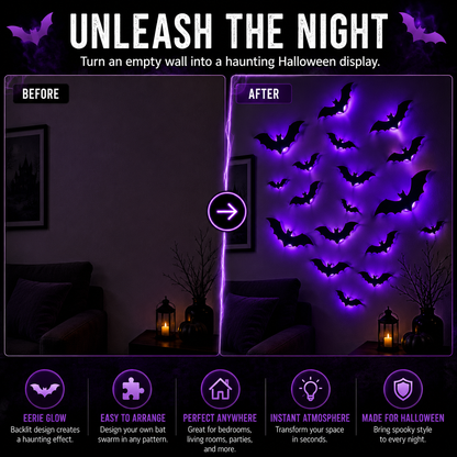Halloween wall decal set featuring multiple bat silhouettes arranged in a glowing purple light effect, shown in a before-and-after split screen of a dark room. The image includes marketing text at the top and five feature icons at the bottom.