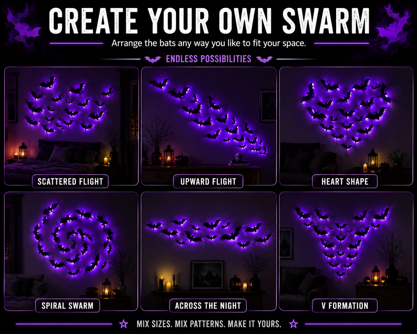 A promotional graphic for a bat swarm wall light set, showing six example arrangements on a dark wall in dimly lit rooms. The top text reads 'CREATE YOUR OWN SWARM' and the panels show different patterns: scattered flight, upward flight, heart shape, spiral swarm, across the night, and V formation.