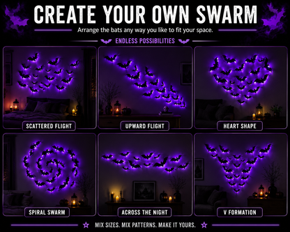 A promotional graphic for a bat swarm wall light set, showing six example arrangements on a dark wall in dimly lit rooms. The top text reads 'CREATE YOUR OWN SWARM' and the panels show different patterns: scattered flight, upward flight, heart shape, spiral swarm, across the night, and V formation.