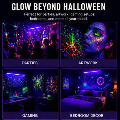 Promotional graphic for a UV blacklight glow-in-the-dark wall art set, showing four lifestyle scenes: a party with colorful neon projections, a close-up of a face with glowing paint-like patterns, a gaming desk setup with colorful wall art, and a bedroom with a galaxy-style wall mural. Text at the top reads 'GLOW BEYOND HALLOWEEN' and labels the sections Parties, Artwork, Gaming, and Bedroom Decor.