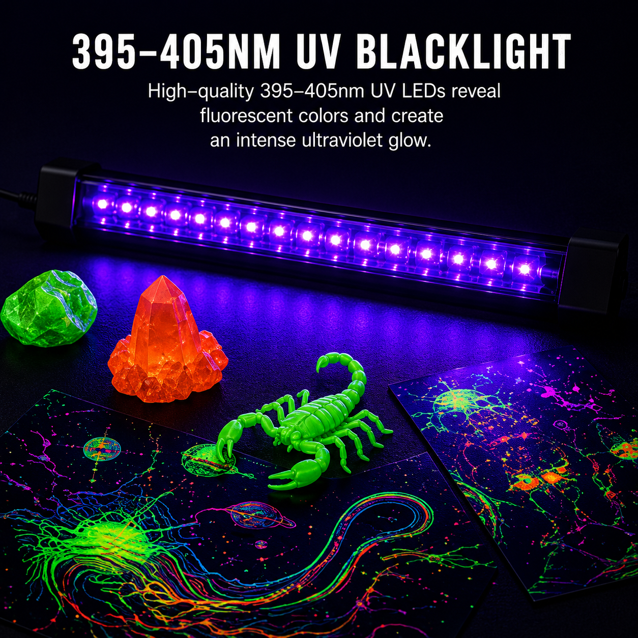 A UV blacklight LED strip glowing purple on a dark surface, with colorful fluorescent test objects including a green scorpion toy, an orange crystal, a green gem, and UV-reactive paper showing neon patterns. Text at the top reads '395-405NM UV BLACKLIGHT' and describes the high-quality UV LEDs.