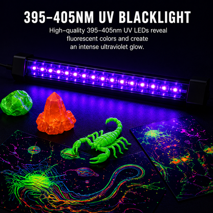 A UV blacklight LED strip glowing purple on a dark surface, with colorful fluorescent test objects including a green scorpion toy, an orange crystal, a green gem, and UV-reactive paper showing neon patterns. Text at the top reads '395-405NM UV BLACKLIGHT' and describes the high-quality UV LEDs.
