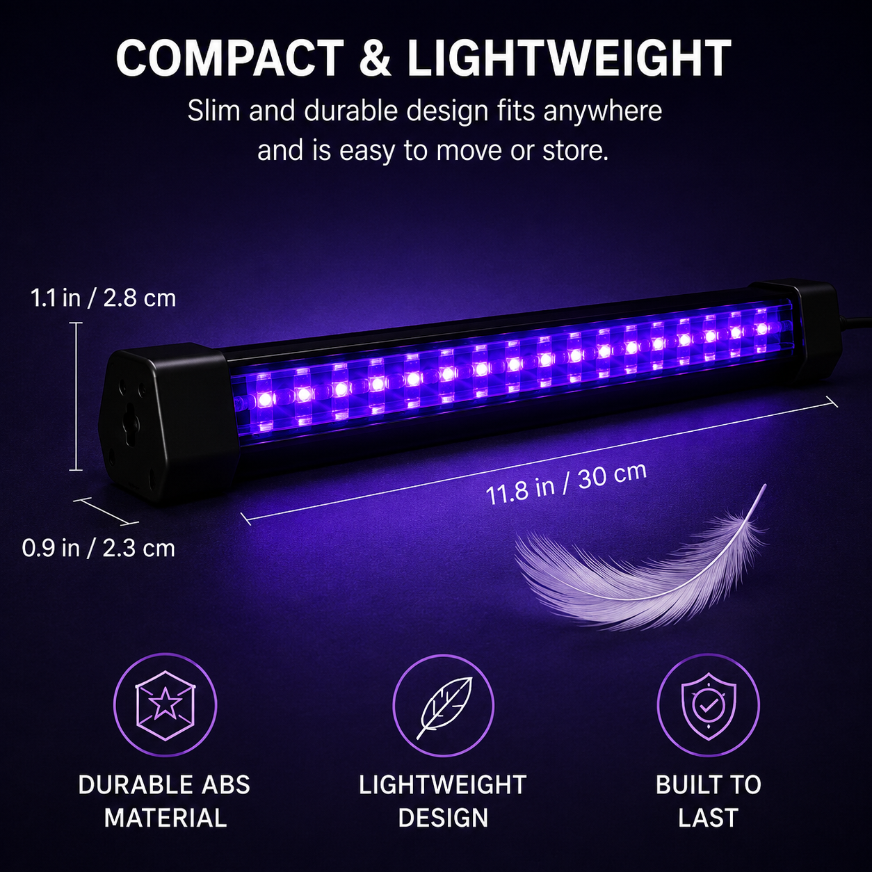 A black LED light bar emitting a purple UV light, shown with dimension lines indicating 11.8 inches in length and 1.