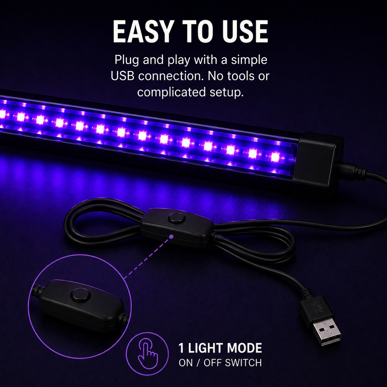 A black USB LED light bar with purple-blue illuminated LEDs, shown on a dark background with text reading 'EASY TO USE' and a close-up inset of the on/off switch.