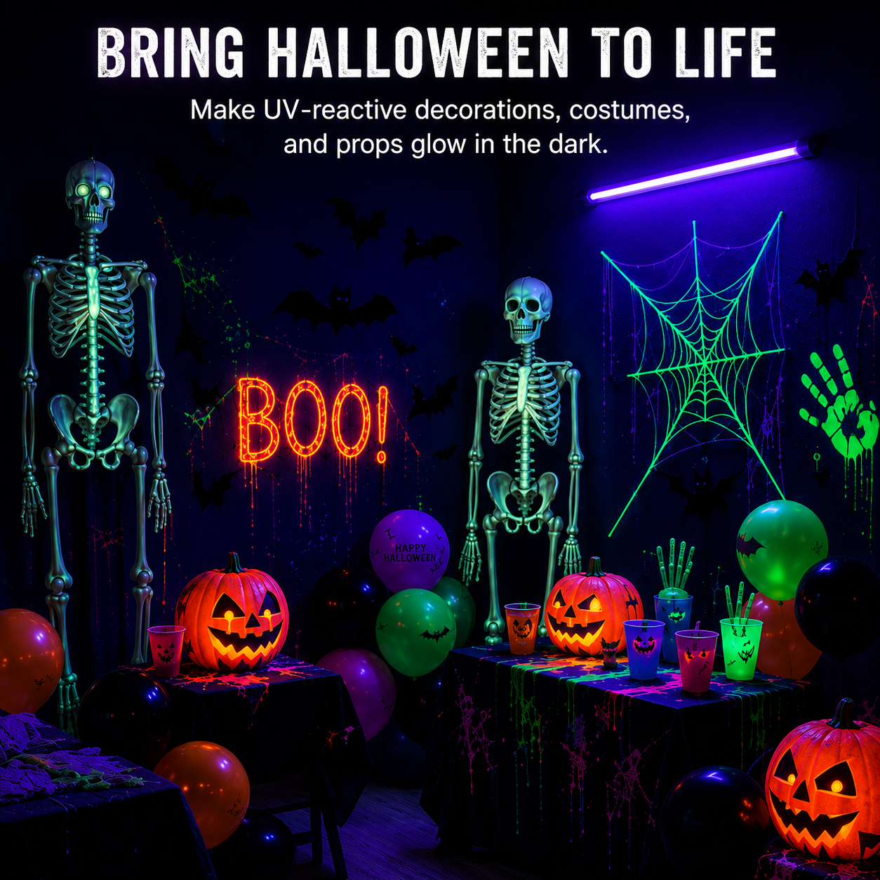 Halloween decoration setup in a dark room with glowing UV-reactive skeletons, jack-o'-lanterns, balloons, spiderwebs, bats, and a neon-style BOO! sign. Large text at the top reads 'BRING HALLOWEEN TO LIFE' with smaller copy about making UV-reactive decorations, costumes, and props glow in the dark.