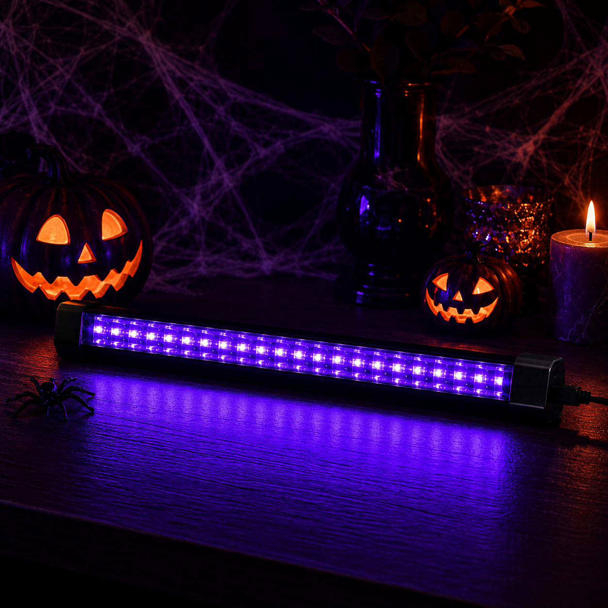 A purple LED light bar with multiple illuminated LEDs, shown on a dark table with Halloween decorations including jack-o'-lanterns, a spider toy, and a lit candle in the background.