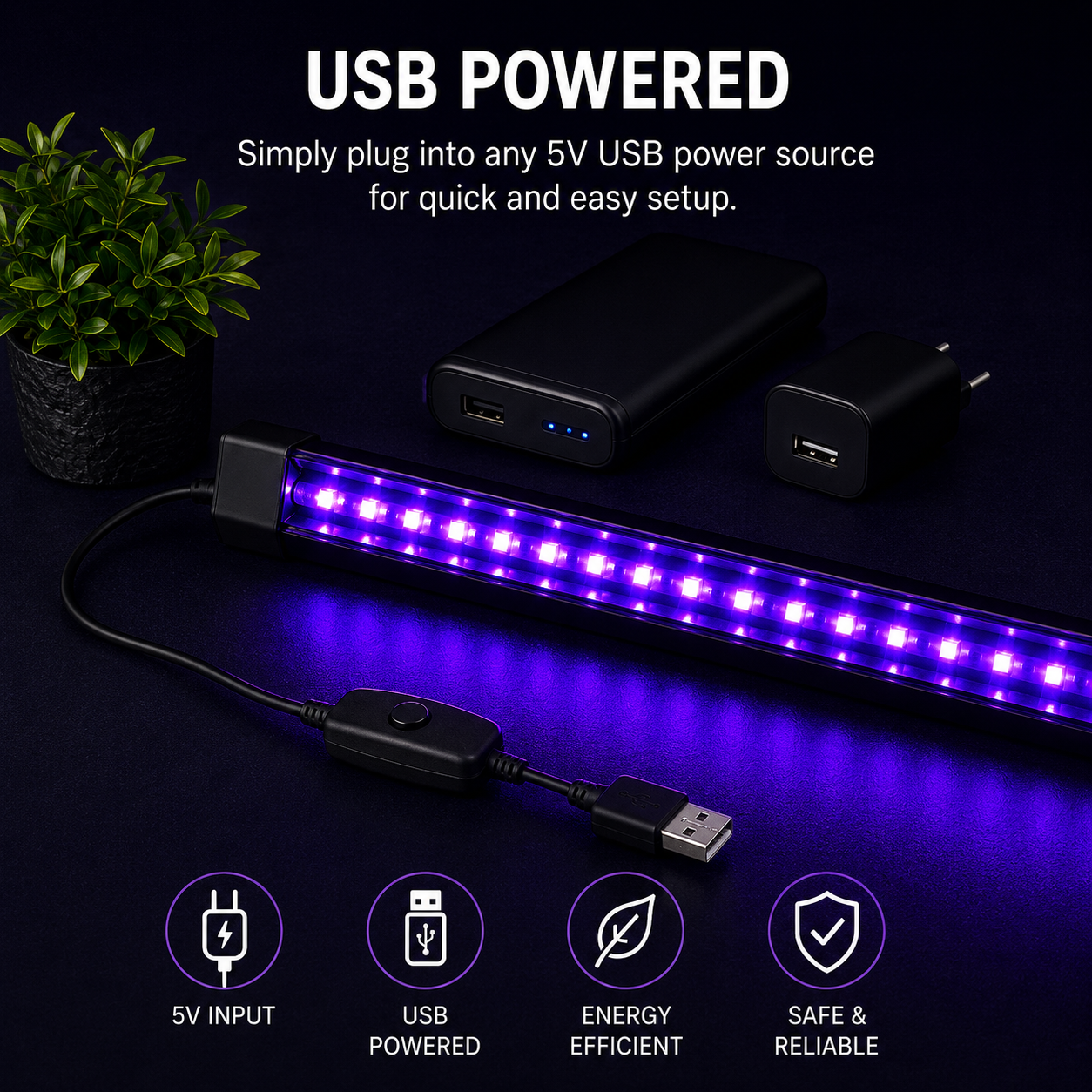 A USB-powered purple LED light strip with a black controller and two black USB power adapters, shown on a dark background with promotional text and feature icons.