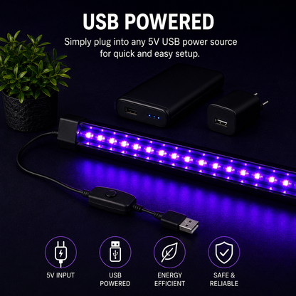 A USB-powered purple LED light strip with a black controller and two black USB power adapters, shown on a dark background with promotional text and feature icons.