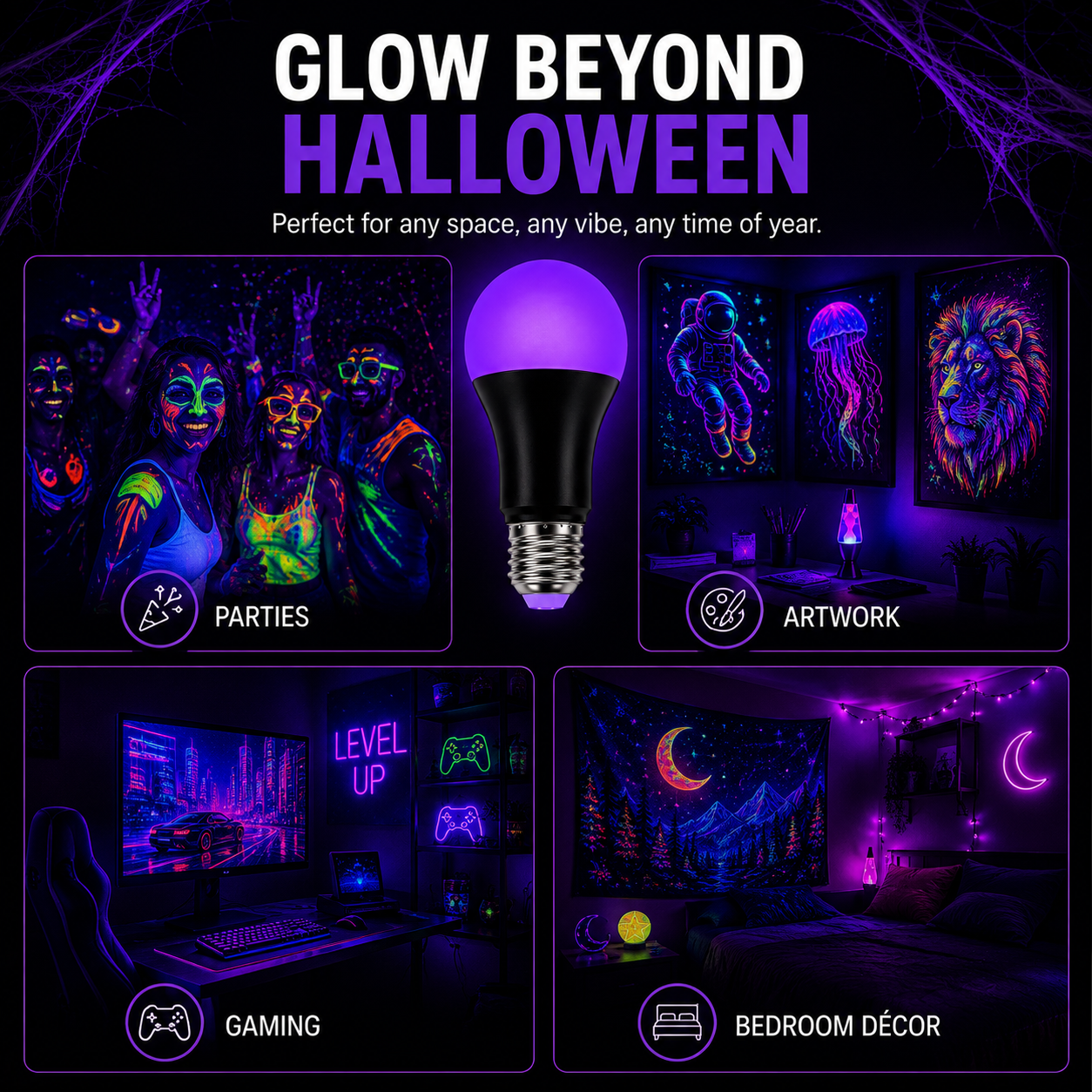 Promotional graphic for a glow-in-the-dark light bulb, showing a glowing purple bulb in the center with the text 'GLOW BEYOND HALLOWEEN' above it. Four inset scenes demonstrate the bulb's effect in different settings: parties, artwork, gaming, and bedroom decor, all under blacklight conditions.