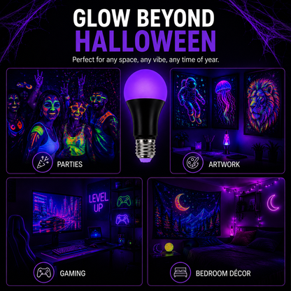 Promotional graphic for a glow-in-the-dark light bulb, showing a glowing purple bulb in the center with the text 'GLOW BEYOND HALLOWEEN' above it. Four inset scenes demonstrate the bulb's effect in different settings: parties, artwork, gaming, and bedroom decor, all under blacklight conditions.