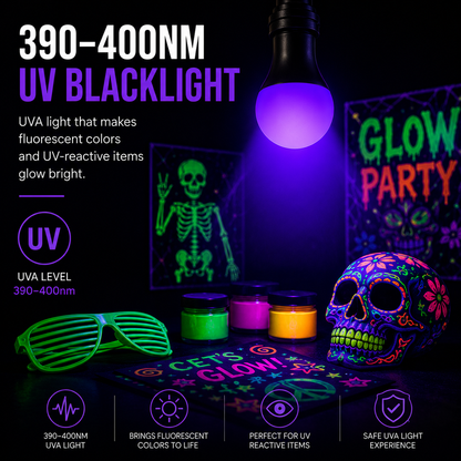 UV blacklight bulb glowing in purple, shown with neon green sunglasses, colorful glow paint jars, a decorated skull, and UV-reactive party items on a dark background with promotional text.