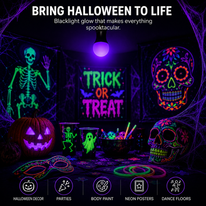 Blacklight Halloween decoration set in a dark room, featuring a glowing neon skeleton, sugar skull wall art, jack-o'-lantern, ghost, and party cups under a purple glow, with text reading 'BRING HALLOWEEN TO LIFE' and feature icons along the bottom.