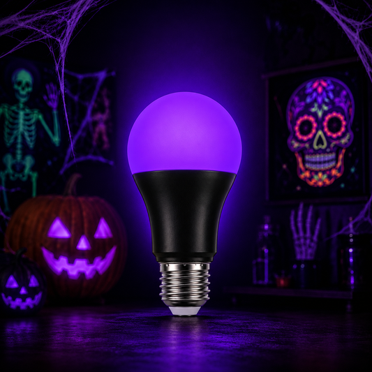 A glowing purple LED light bulb with a black base and silver screw thread, centered on a dark table with Halloween decorations including a jack-o'-lantern, spiderwebs, and a colorful skull artwork in the background.